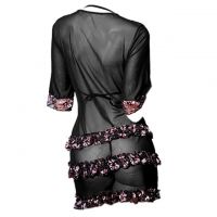 L0546 - Baju Tidur Lingerie Robe Kimono Dress Hitam Transparan Lengan Pendek Bra Set Open Cup - 2