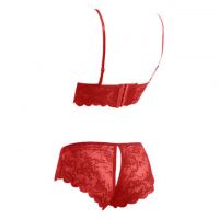 B229 - Bra Set Bralette Merah Transparan Cup Openable Celana Dalam Crotchless - 2