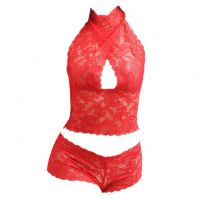 B283 - Bra Set Bralette Cami Halter Merah Transparan Celana Dalam