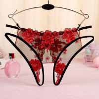 P561 - Celana Dalam Panties Hipster Hitam Transparan Bunga Merah Crotchless Tali 2