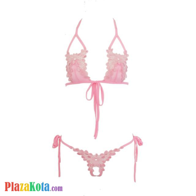 B108 - Bra Set Bralette Halter Pink Celana Dalam Crotchless Ikat Samping - Photo 1