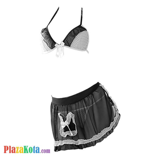 B123 - Bra Set Costume Cosplay Maid Waitress Pelayan Halter Hitam Transparan Apron - Photo 1