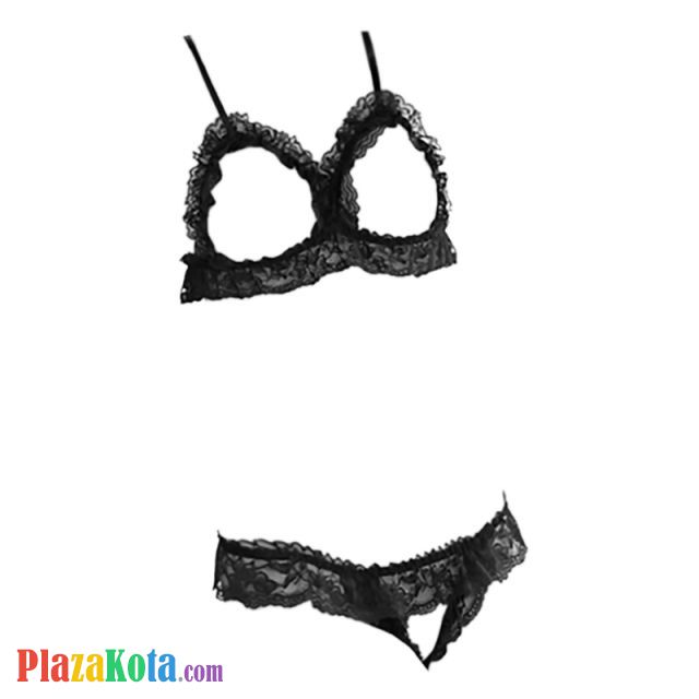 B016 - Bra Set Bralette Open Cup Hitam Celana Dalam Crotchless - Photo 1