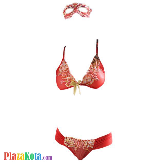 B219 - Bra Set Bralette Merah Transparan Celana Dalam Crotchless Topeng Wajah - Photo 1