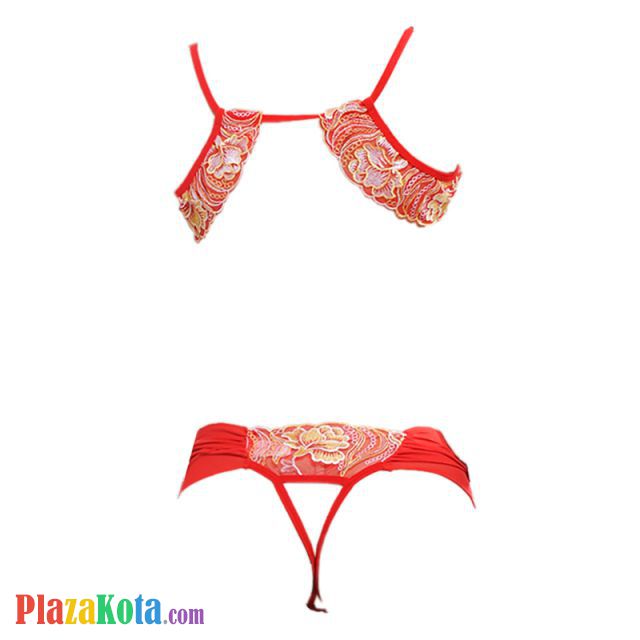 B219 - Bra Set Bralette Merah Transparan Celana Dalam Crotchless Topeng Wajah - Photo 2