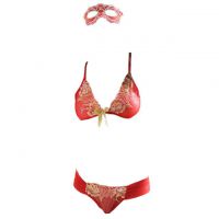 B219 - Bra Set Bralette Merah Transparan Celana Dalam Crotchless Topeng Wajah