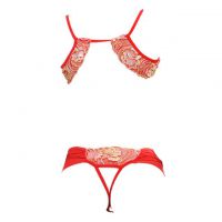 B219 - Bra Set Bralette Merah Transparan Celana Dalam Crotchless Topeng Wajah - Thumbnail 2