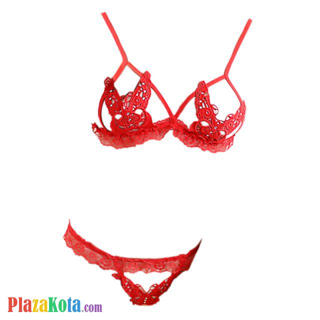 B263 - Bra Set Bralette Merah Cup Kupu-Kupu Celana Dalam Crotchless - Photo 1