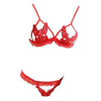 B263 - Bra Set Bralette Merah Cup Kupu-Kupu Celana Dalam Crotchless