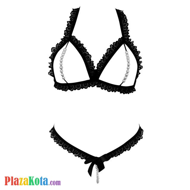 B362 - Bra Set Bralette Halter Open Cup Hitam Celana Dalam Mutiara - Photo 1