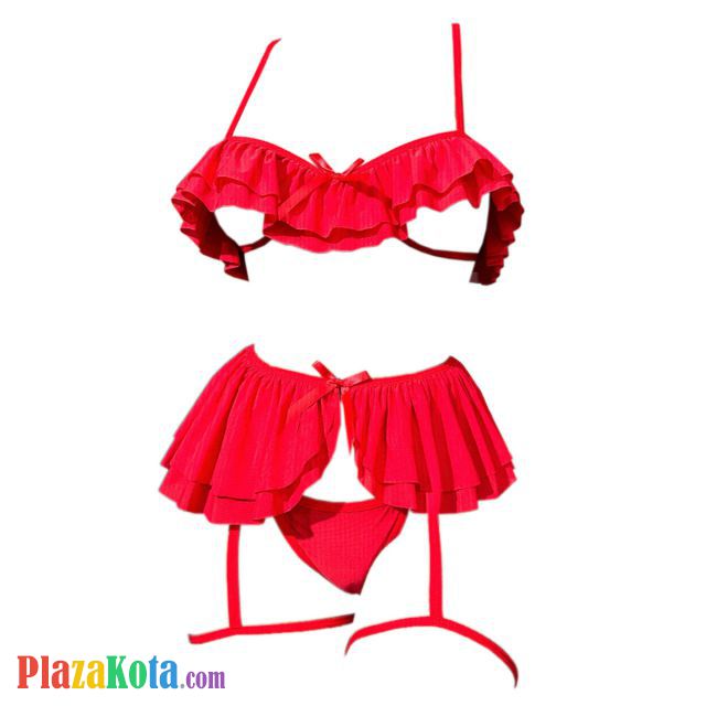 B366 - Bra Set Bralette Open Cup Merah Celana Dalam Garter Belt Paha - Photo 1