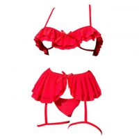 B366 - Bra Set Bralette Open Cup Merah Celana Dalam Garter Belt Paha