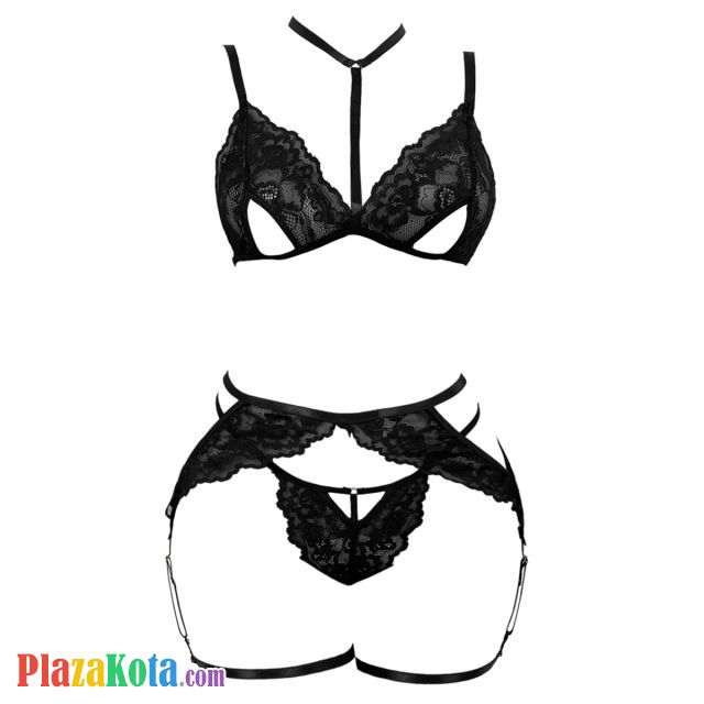 B369 - Bra Set Bralette Open Cup Hitam Celana Dalam Garter Belt Paha - Photo 1