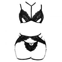 B369 - Bra Set Bralette Open Cup Hitam Celana Dalam Garter Belt Paha