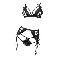 B370 - Bra Set Bralette Open Cup Hitam Celana Dalam Garter Belt Stocking