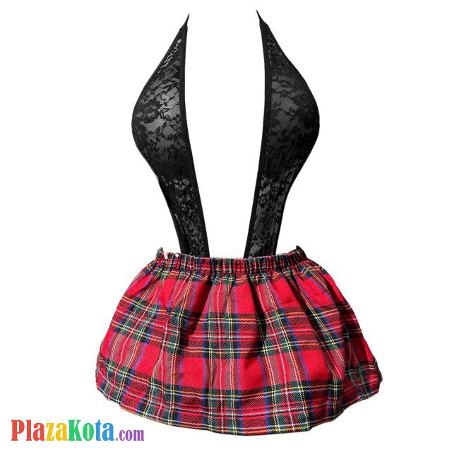 L1308 - Lingerie Costume Cosplay Student Pelajar Seragam Sekolah Halter Hitam Transparan Rok Mini Merah - Photo 1