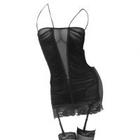 L0295 - Baju Tidur Lingerie Bodycon Sheath Dress Tali Silang Hitam Rumbai Garter Strap Stocking